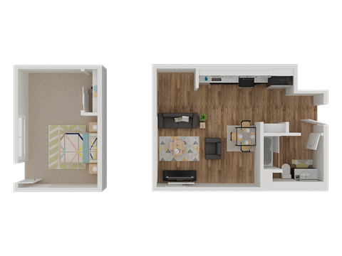 Floor plan for 1 bed, 1 bath, 674 sqft